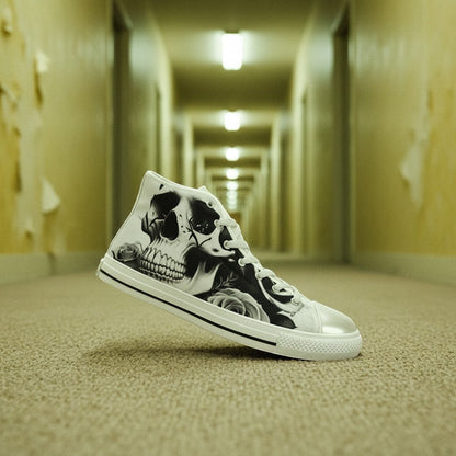 Freaky Shoes® high-top canvas sneakers featuring a black and white skull and rose print in a hallway setting.