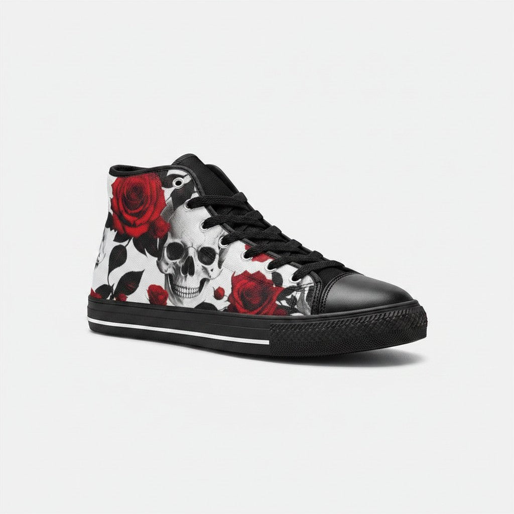 Freaky Shoes® women's high-top canvas sneakers featuring a bold white, black, and red skull and rose floral print.