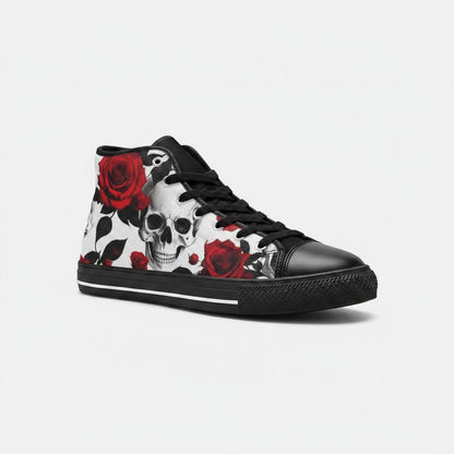 Freaky Shoes® women's high-top canvas sneakers featuring a bold white, black, and red skull and rose floral print.