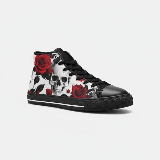 Freaky Shoes® women's high-top canvas sneakers featuring a bold white, black, and red skull and rose floral print.