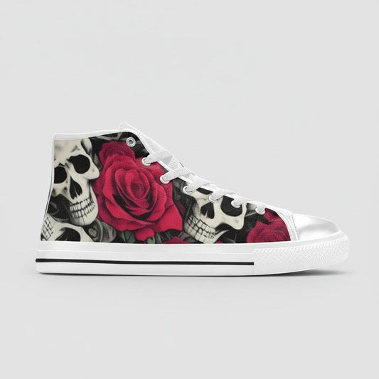 Freaky Shoes® women's high-top canvas sneakers featuring a bold black, white, and red skull and rose floral print.