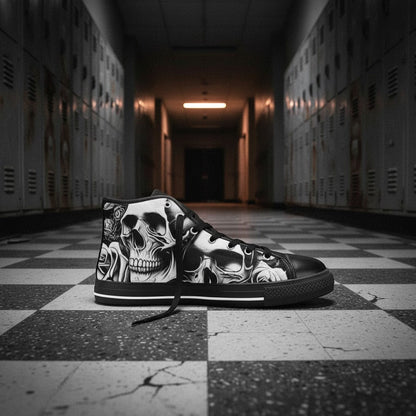 Freaky Shoes® high-top canvas sneakers featuring a dark cartoon skull and rose art print on a checkered floor.