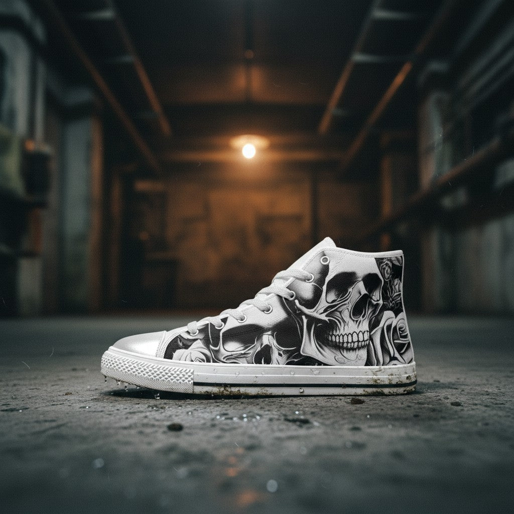 Freaky Shoes® high-top canvas sneakers featuring a black and white cartoon skull and rose print on a dark background.