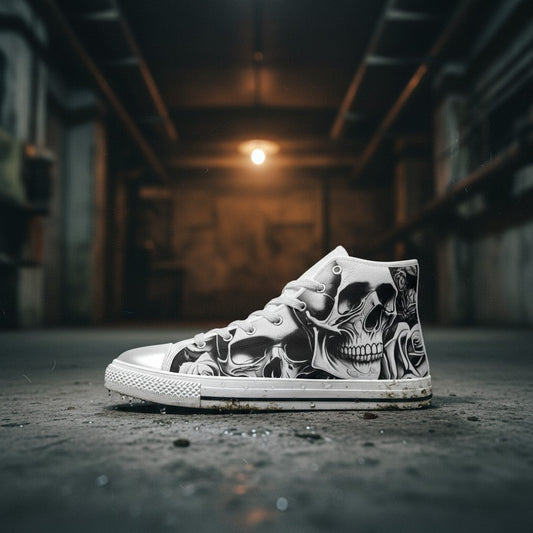 Freaky Shoes® high-top canvas sneakers featuring a black and white cartoon skull and rose print on a dark background.