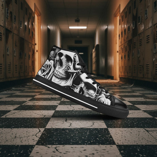 Freaky Shoes® men's high-top canvas sneakers featuring a dark gothic cartoon skull and rose art print