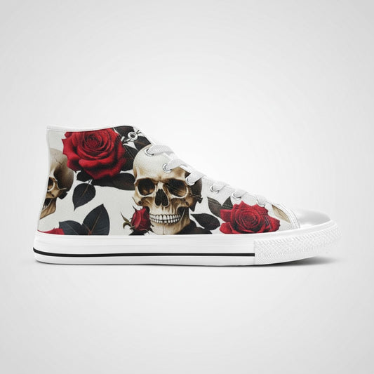 Freaky Shoes® men's high-top canvas sneakers featuring a bold skull and red rose print on a white background.
