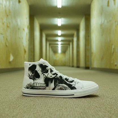 Freaky Shoes® women's black and white high-top canvas sneakers featuring a detailed skull and rose graphic print