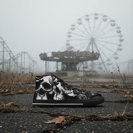Freaky Shoes® high-top canvas sneakers featuring a black and white greyscale skull and rose print on a foggy road.