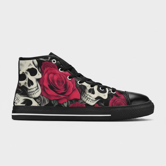 Freaky Shoes® high-top canvas sneakers featuring a bold black, white, and red skull and rose floral print pattern.