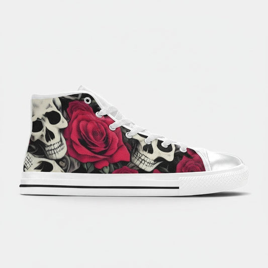 Freaky Shoes® high-top canvas sneakers featuring a bold black, white, and red skull and rose floral print design.