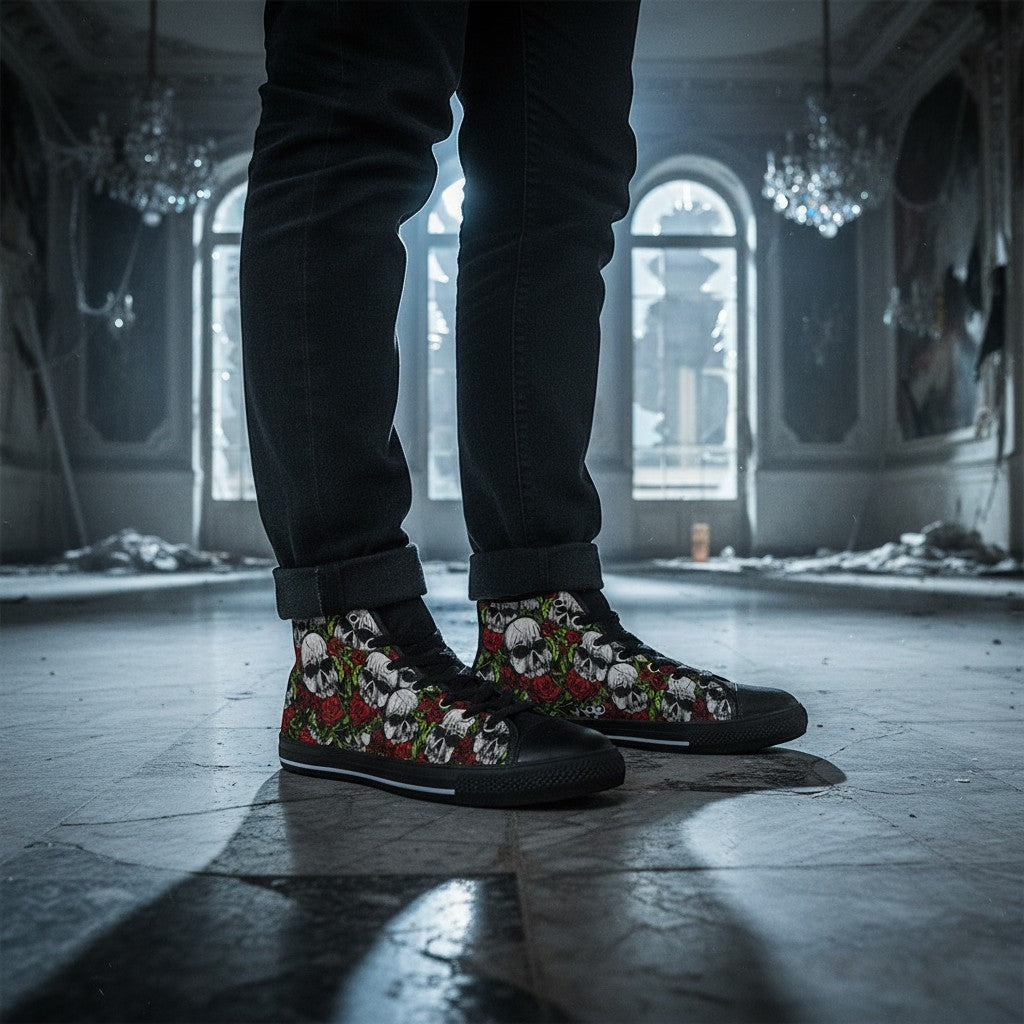 Freaky Shoes® men's high-top canvas sneakers featuring a bold skull and red rose print in a dark, moody setting.