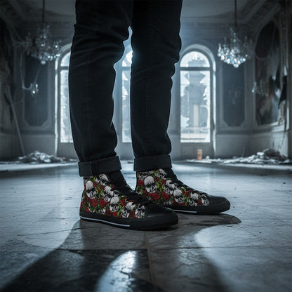 Freaky Shoes® men's high-top canvas sneakers featuring a bold skull and red rose print in a dark, moody setting.