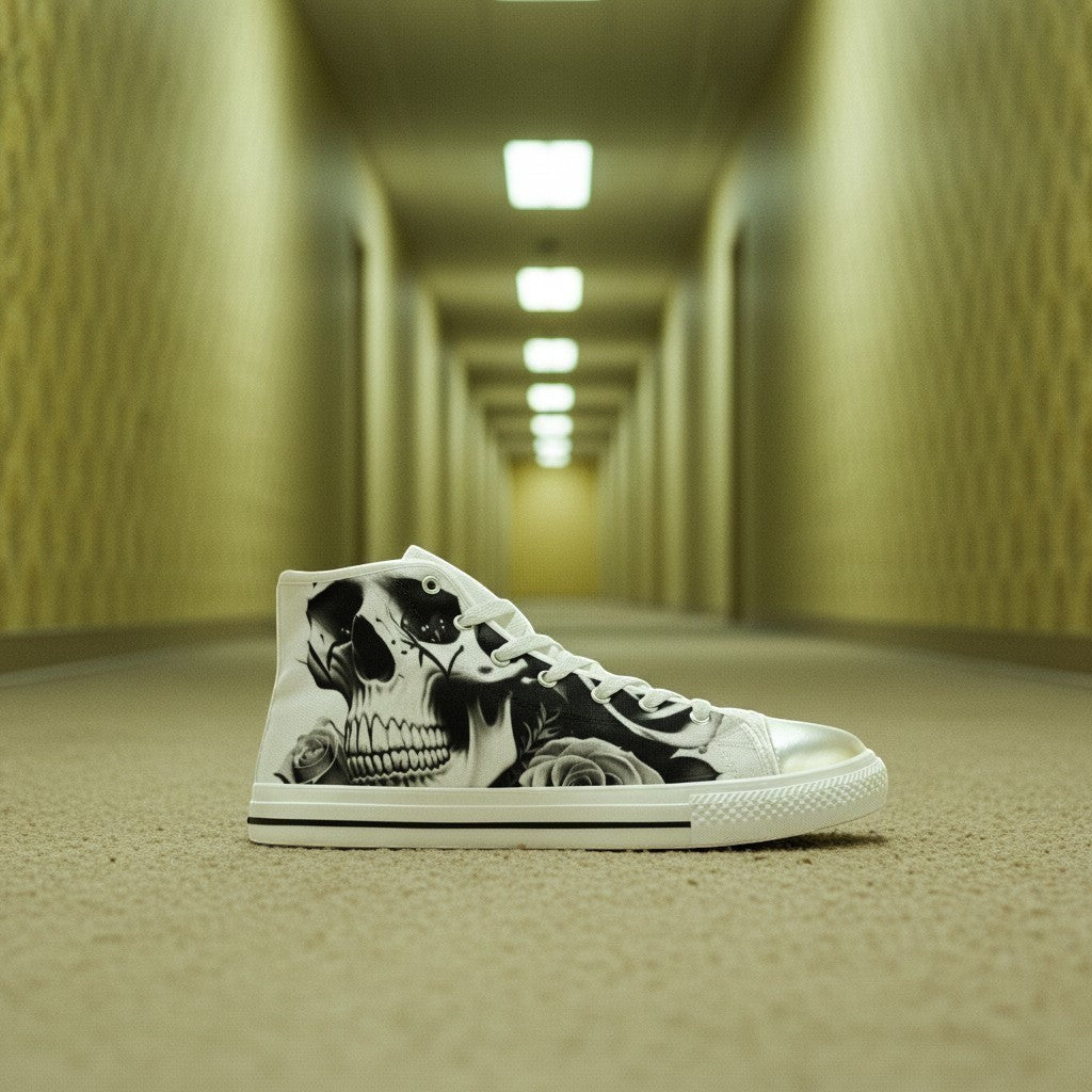 Freaky Shoes® women's black and white high-top canvas sneakers featuring a detailed skull and rose print design.