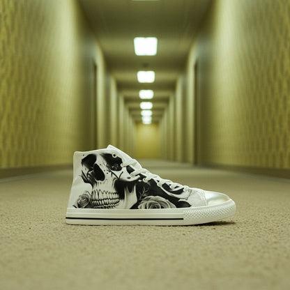 Freaky Shoes® women's black and white high-top canvas sneakers featuring a detailed skull and rose print design.