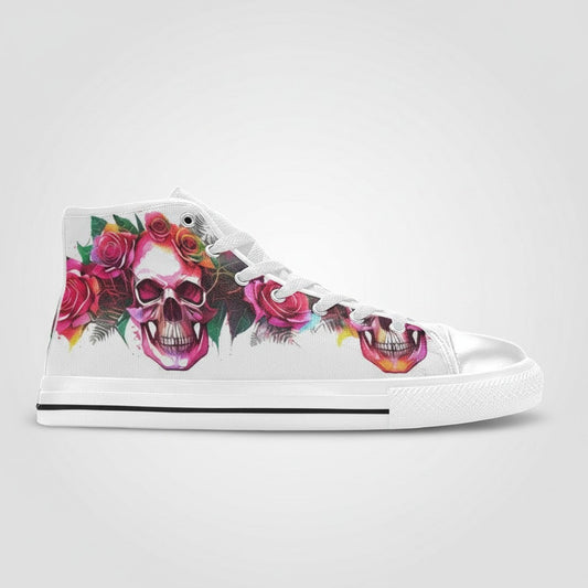 Freaky Shoes® high-top canvas sneakers featuring a vibrant skull and rose floral print on a white background