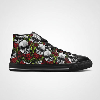 Freaky Shoes® women's high-top canvas sneakers featuring a bold black, white, and red skull and rose floral print.