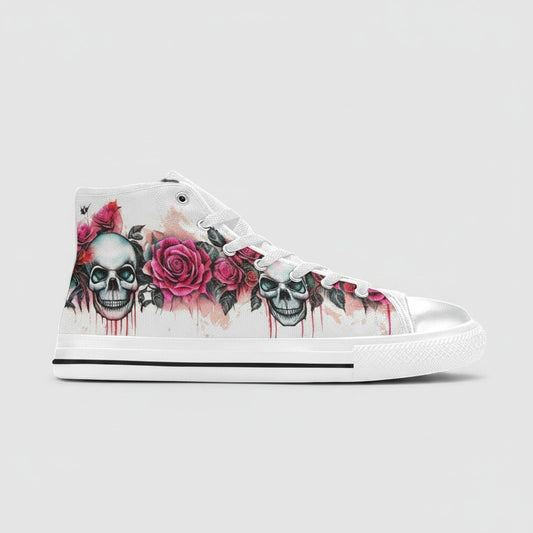 Freaky Shoes® men's white high-top canvas sneakers featuring a detailed skull and pink rose floral print design.