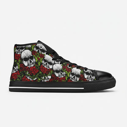 Freaky Shoes® men's high-top canvas sneakers featuring a detailed black and white skull and red rose floral print.