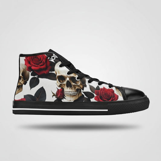 Freaky Shoes® men's high-top canvas sneakers featuring a bold skull and red rose print with black trim.