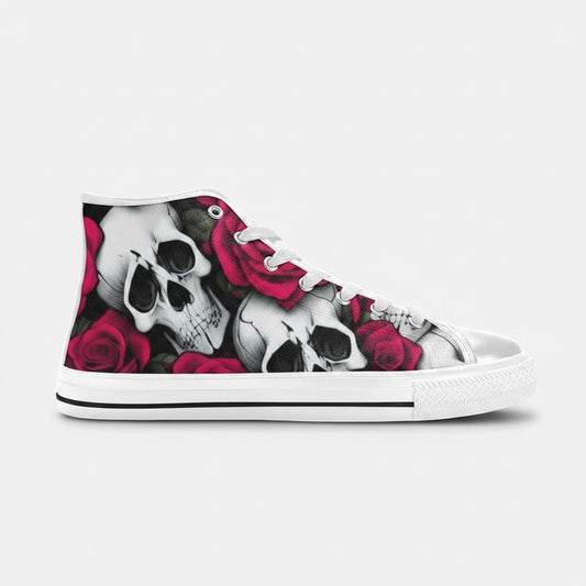 Freaky Shoes® women's high-top canvas sneakers featuring a bold black and white skull and red rose floral print.