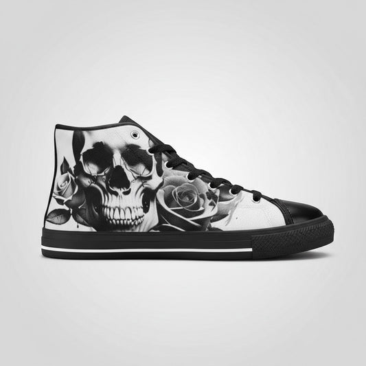 Freaky Shoes® men's high-top canvas sneakers featuring a black and white cartoon skull and rose graphic print.