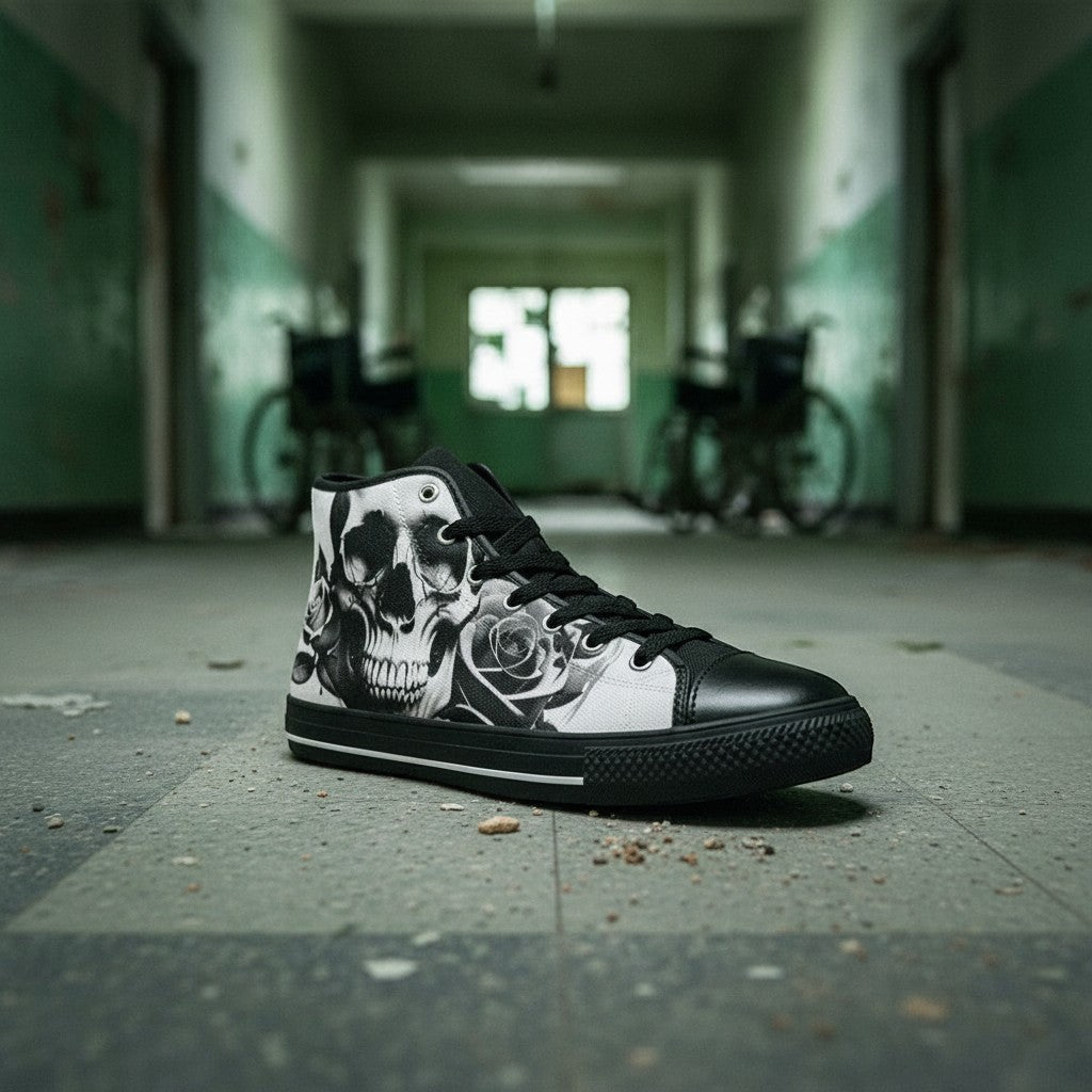 Freaky Shoes® high-top canvas sneakers featuring a black and white cartoon skull and rose print in a hallway setting.