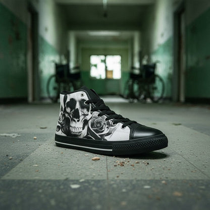 Freaky Shoes® high-top canvas sneakers featuring a black and white cartoon skull and rose print in a hallway setting.
