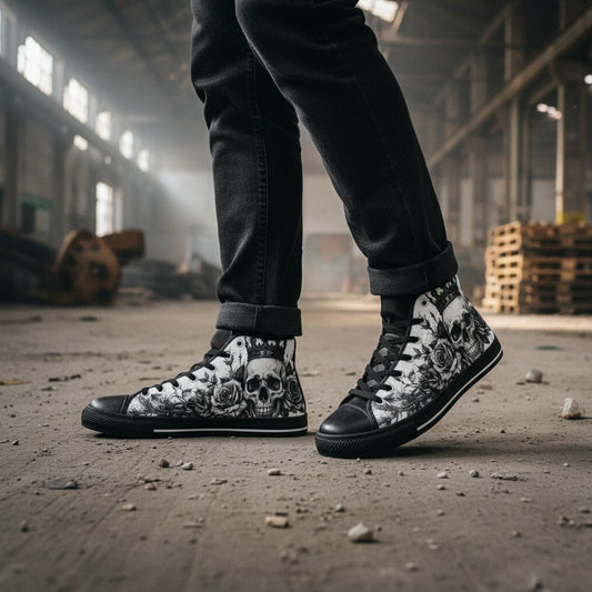Freaky Shoes® high-top canvas sneakers featuring a gothic dark skull and rose art print on a warehouse background.