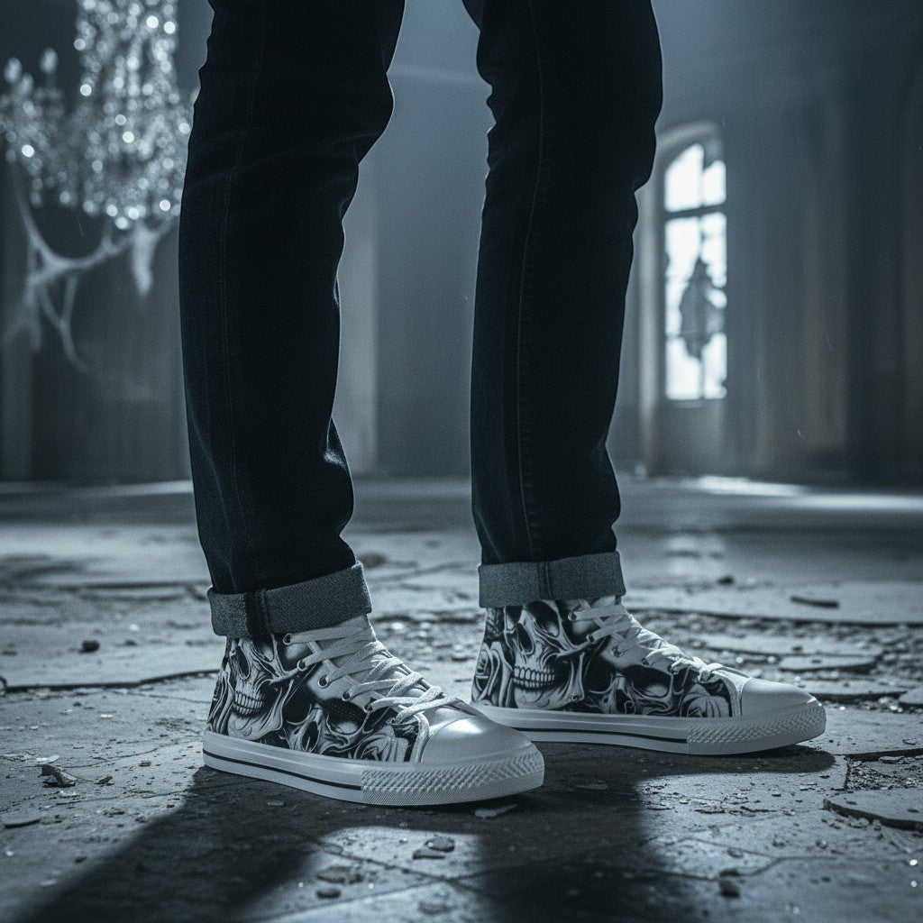 Freaky Shoes® women's high-top canvas sneakers featuring a black and white cartoon skull and rose print