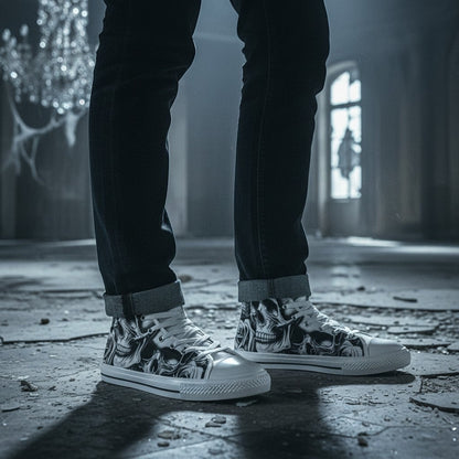 Freaky Shoes® women's high-top canvas sneakers featuring a black and white cartoon skull and rose print