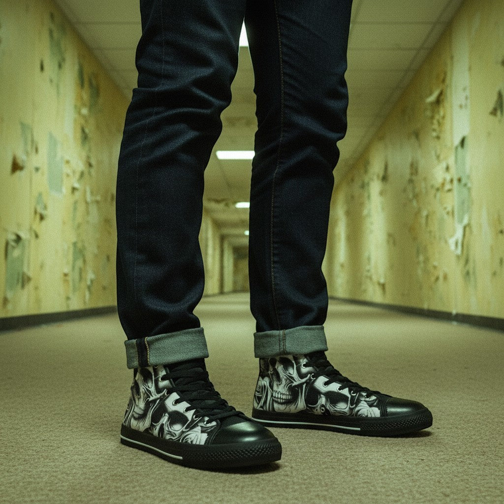 Freaky Shoes® women's high-top canvas shoes featuring a black and white cartoon skull and rose print pattern.