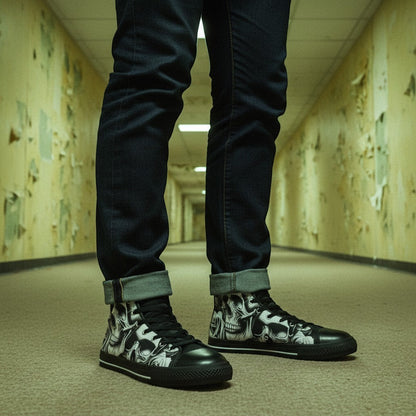 Freaky Shoes® women's high-top canvas shoes featuring a black and white cartoon skull and rose print pattern.