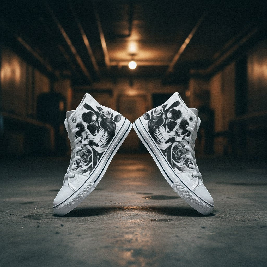 Freaky Shoes® women's high-top canvas sneakers featuring a black and white cartoon skull and rose print design.