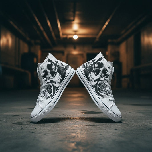 Freaky Shoes® women's high-top canvas sneakers featuring a black and white cartoon skull and rose print design.