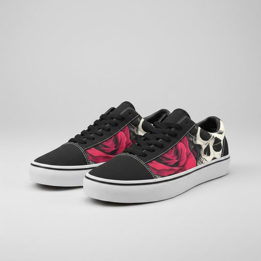 Freaky Shoes® women's low-top canvas skateboarding shoes featuring a black, red rose, and skull graphic print.
