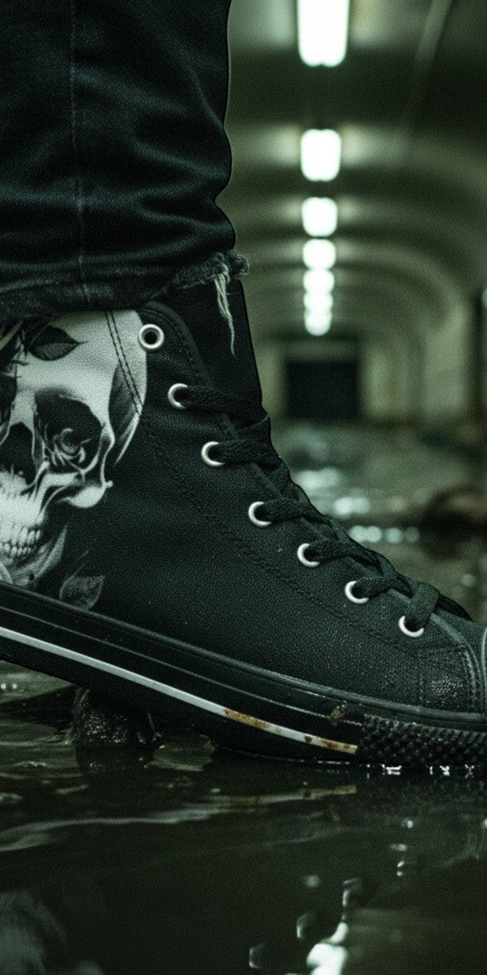 Women's Cartoon Skulls & Roses Black hand-made high-top canvas shoes — unique wearable art by Freaky Shoes