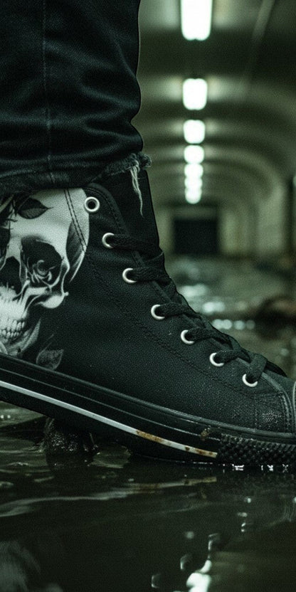 Women's Cartoon Skulls & Roses Black hand-made high-top canvas shoes — unique wearable art by Freaky Shoes