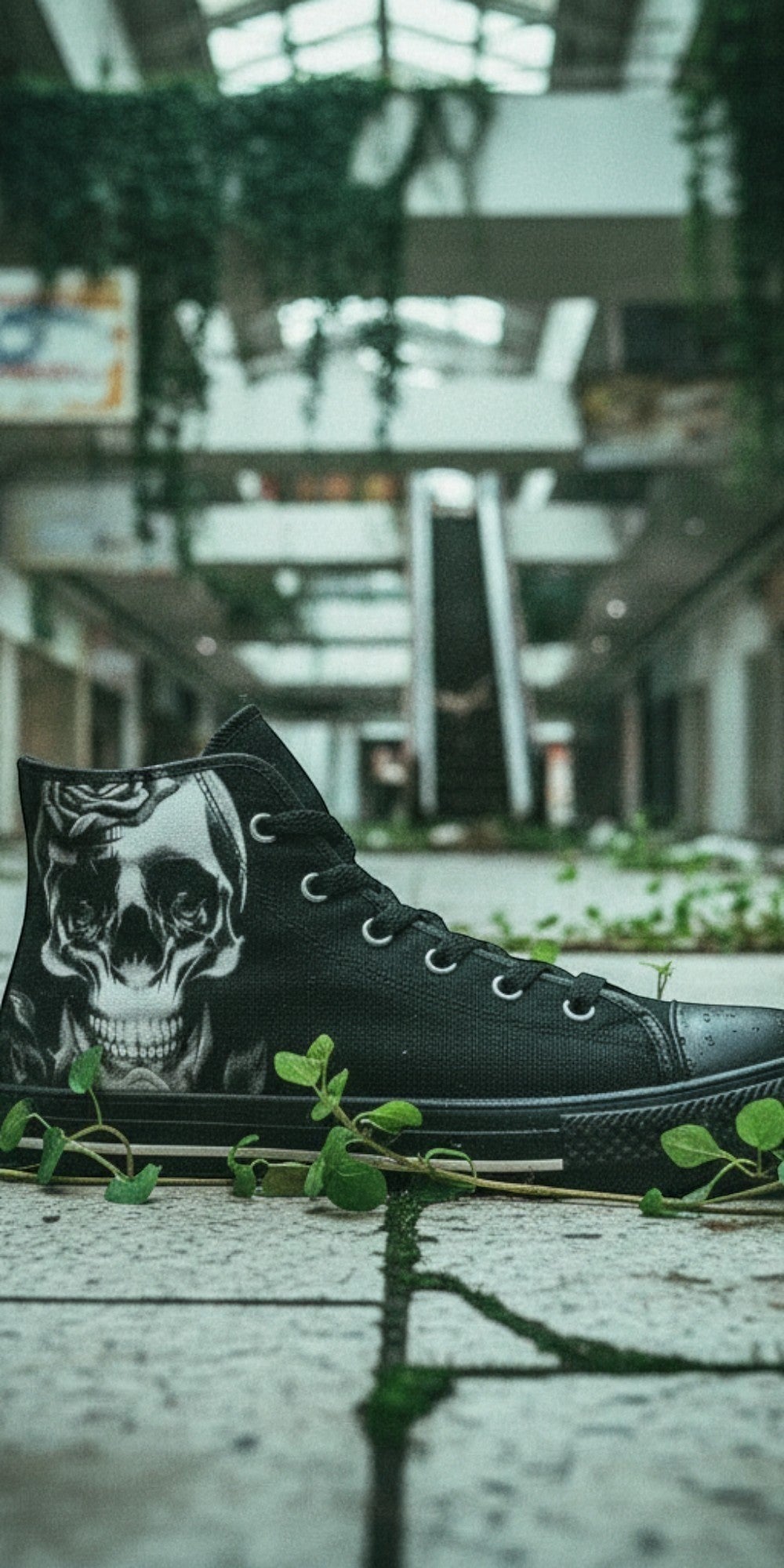 Women's Cartoon Skulls & Roses Black high-top canvas shoes, custom full-wrap printed design — Freaky Shoes