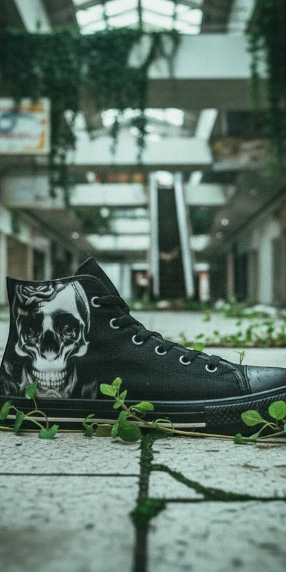 Women's Cartoon Skulls & Roses Black high-top canvas shoes, custom full-wrap printed design — Freaky Shoes