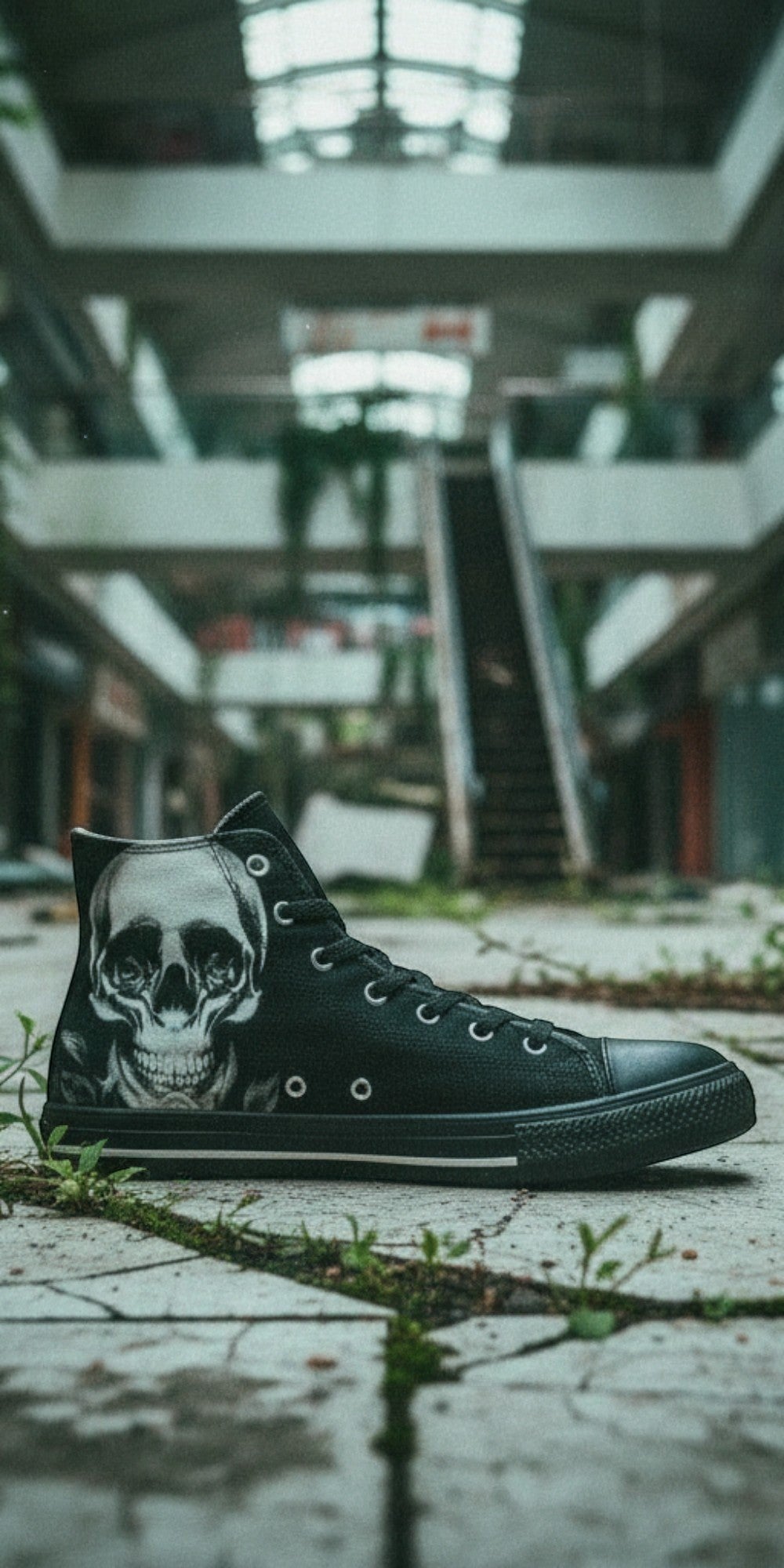 Women's Cartoon Skulls & Roses Black high-top canvas shoes — one-of-a-kind custom printed art, Freaky Shoes