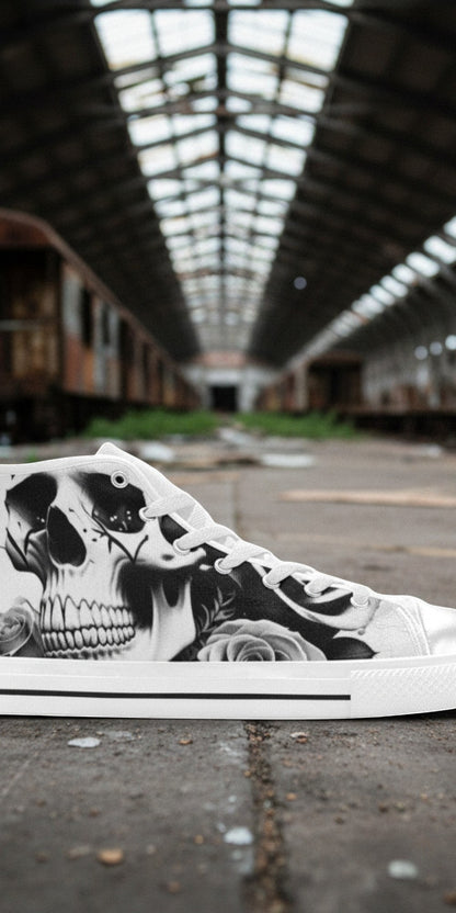 Women's Skulls & Roses Black & White high-top canvas shoes, custom full-wrap printed design — Freaky Shoes