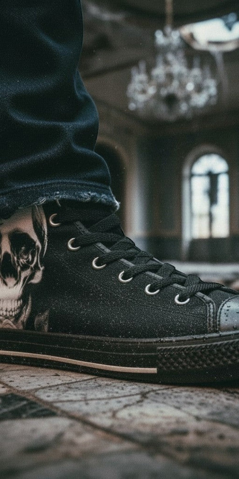 Women's Cartoon Skulls & Roses Black hand-made high-top canvas shoes — unique wearable art by Freaky Shoes
