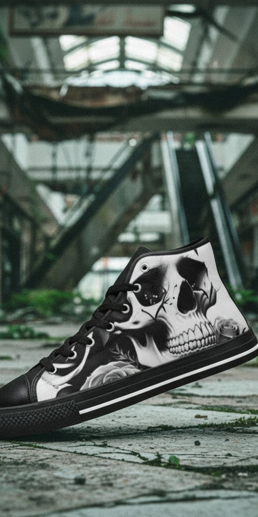 Women's Skulls & Roses Black & White custom high-top canvas shoes — wearable art by Freaky Shoes