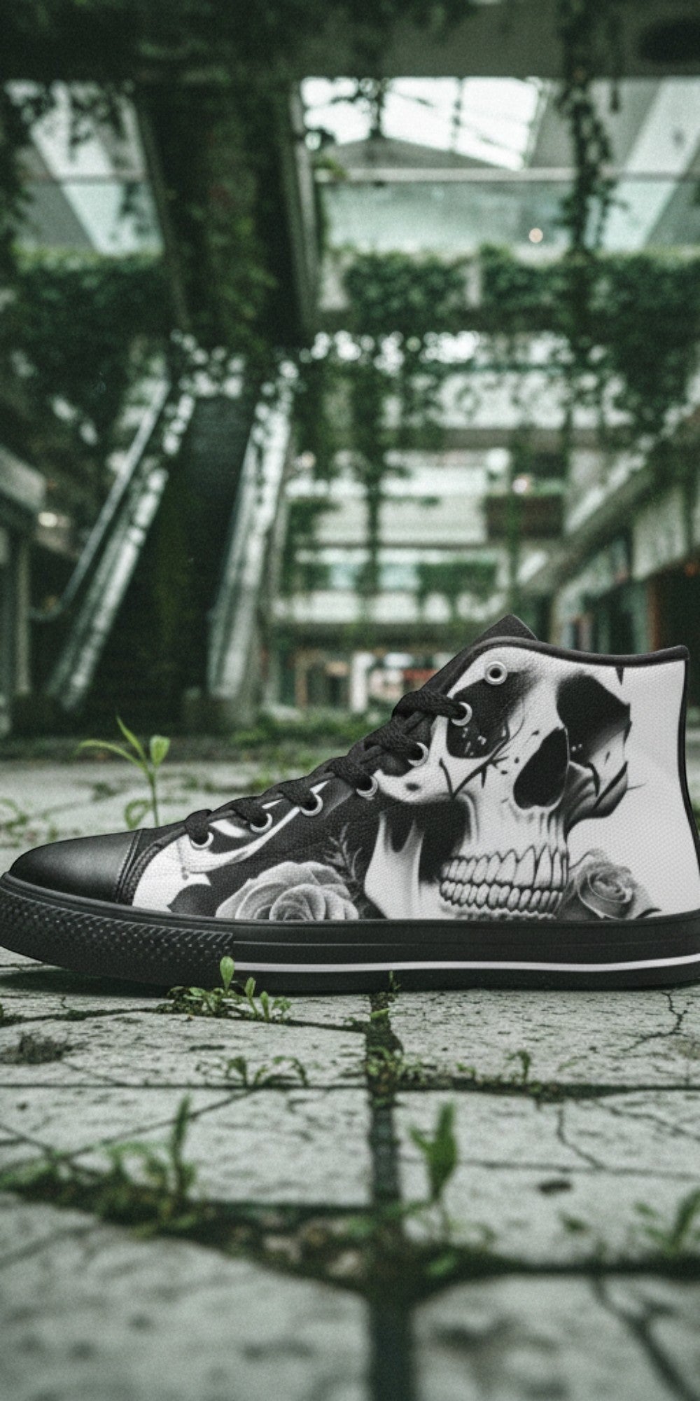 Women's Skulls & Roses Black & White hand-made high-top canvas shoes — unique wearable art by Freaky Shoes