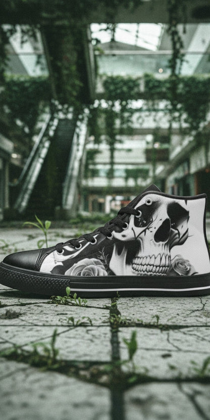 Women's Skulls & Roses Black & White hand-made high-top canvas shoes — unique wearable art by Freaky Shoes