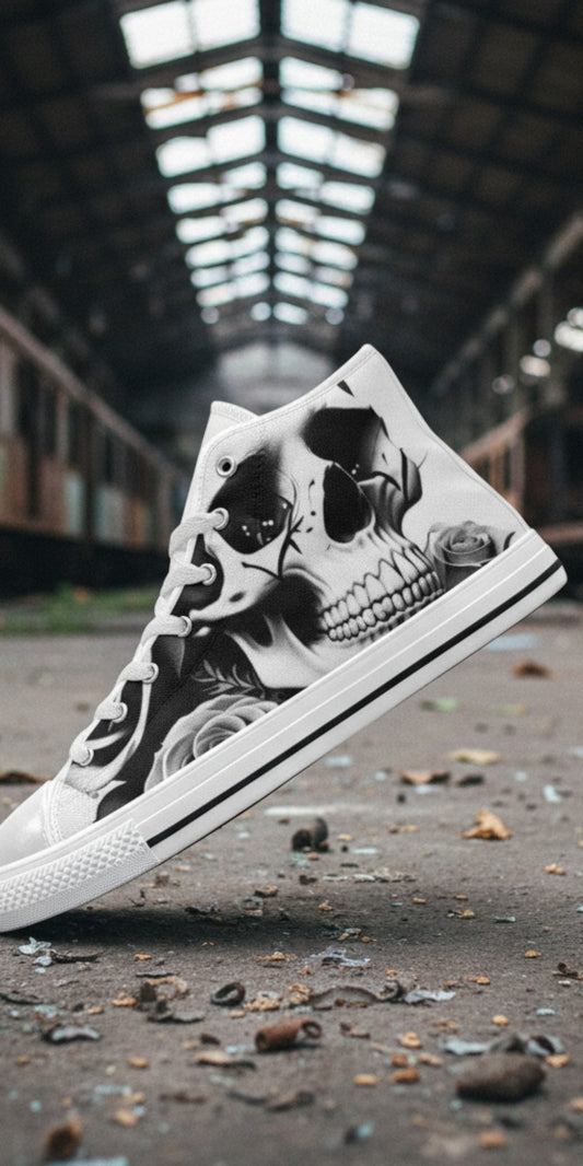 Women's Skulls & Roses Black & White custom high-top canvas shoes — wearable art by Freaky Shoes