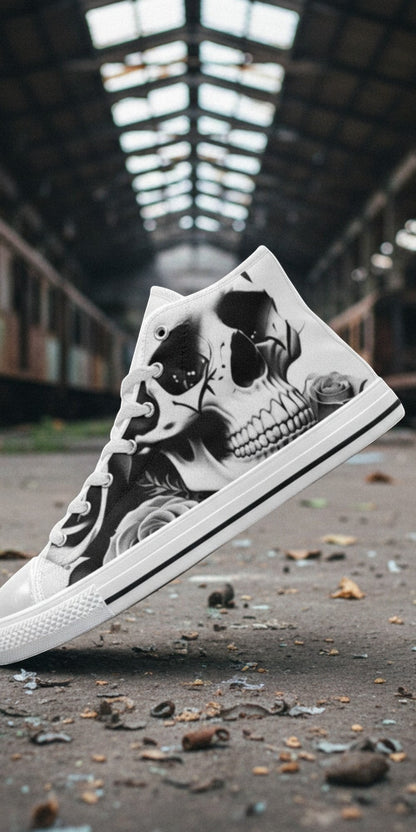 Women's Skulls & Roses Black & White custom high-top canvas shoes — wearable art by Freaky Shoes