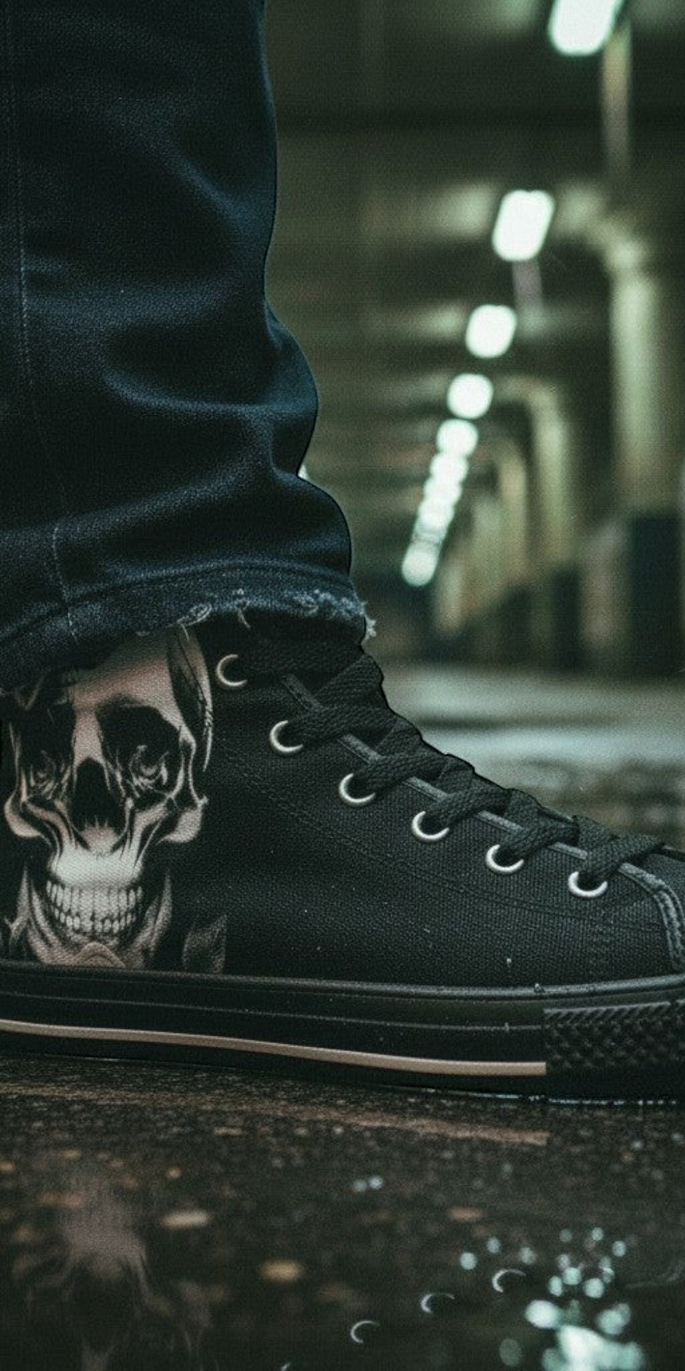 Women's Cartoon Skulls & Roses Black custom high-top canvas shoes — wearable art by Freaky Shoes