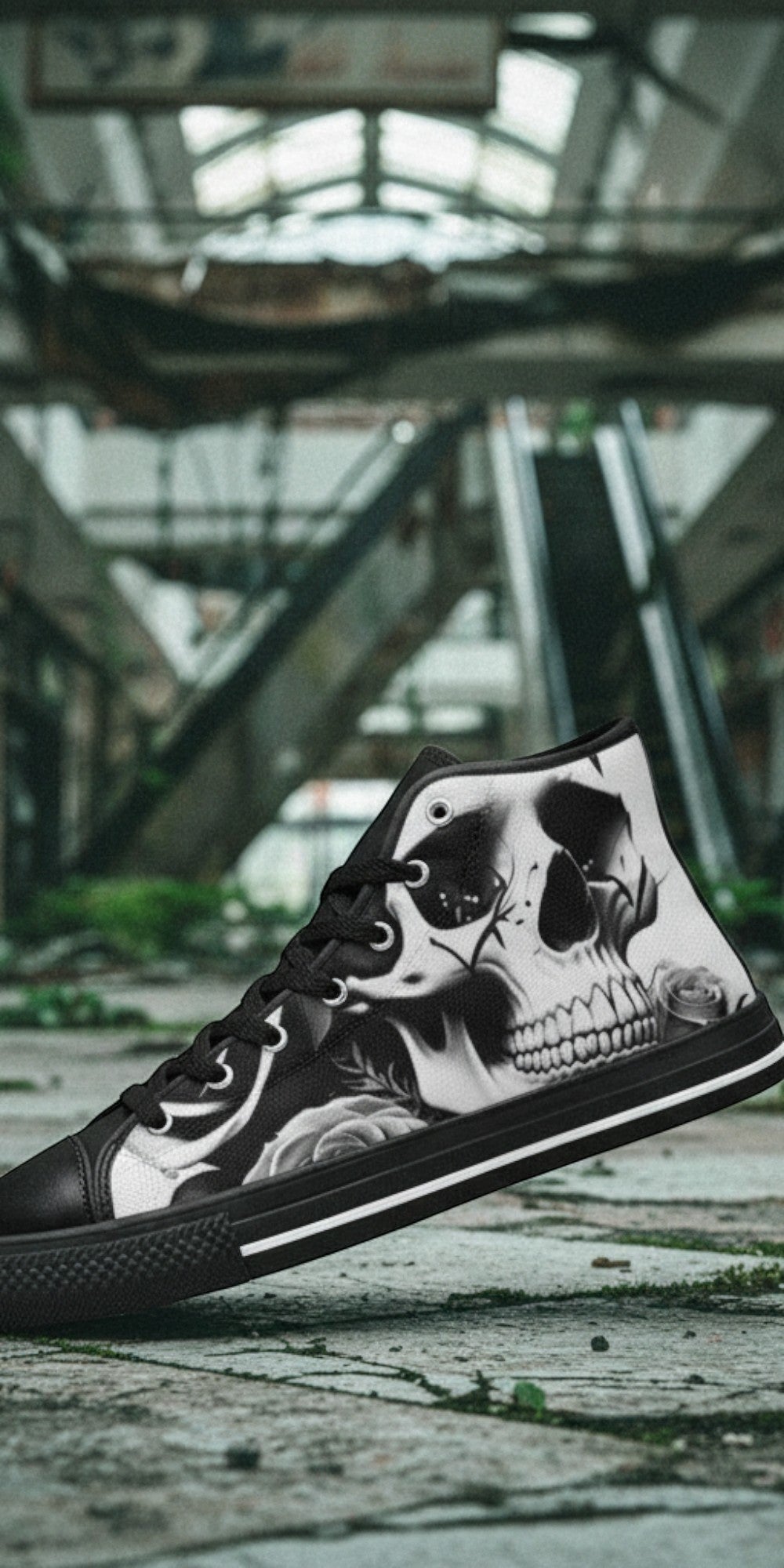 Women's Skulls & Roses Black & White custom high-top canvas shoes — wearable art by Freaky Shoes