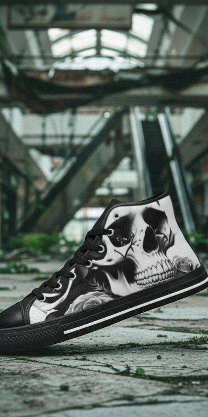 Women's Skulls & Roses Black & White custom high-top canvas shoes — wearable art by Freaky Shoes